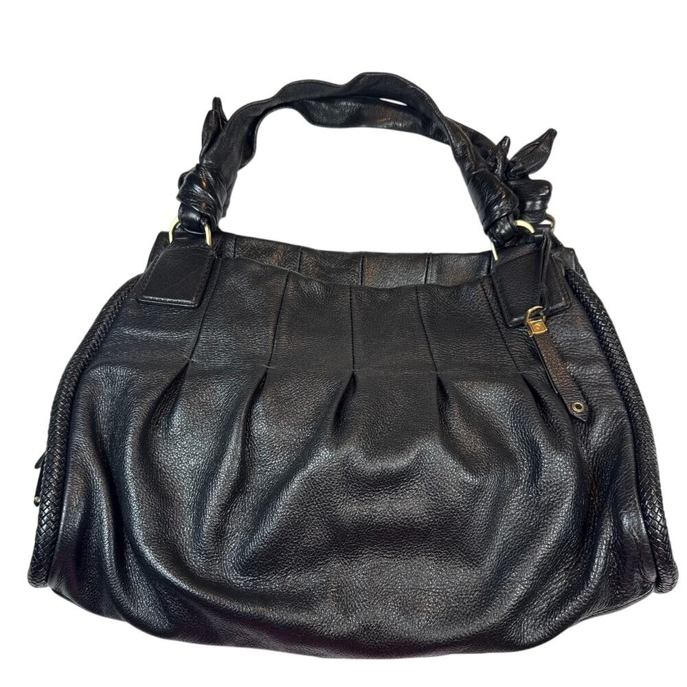 Cole Haan Black Pleated Leather Tassel Hobo Bag Multi Pocket Y2K EUC